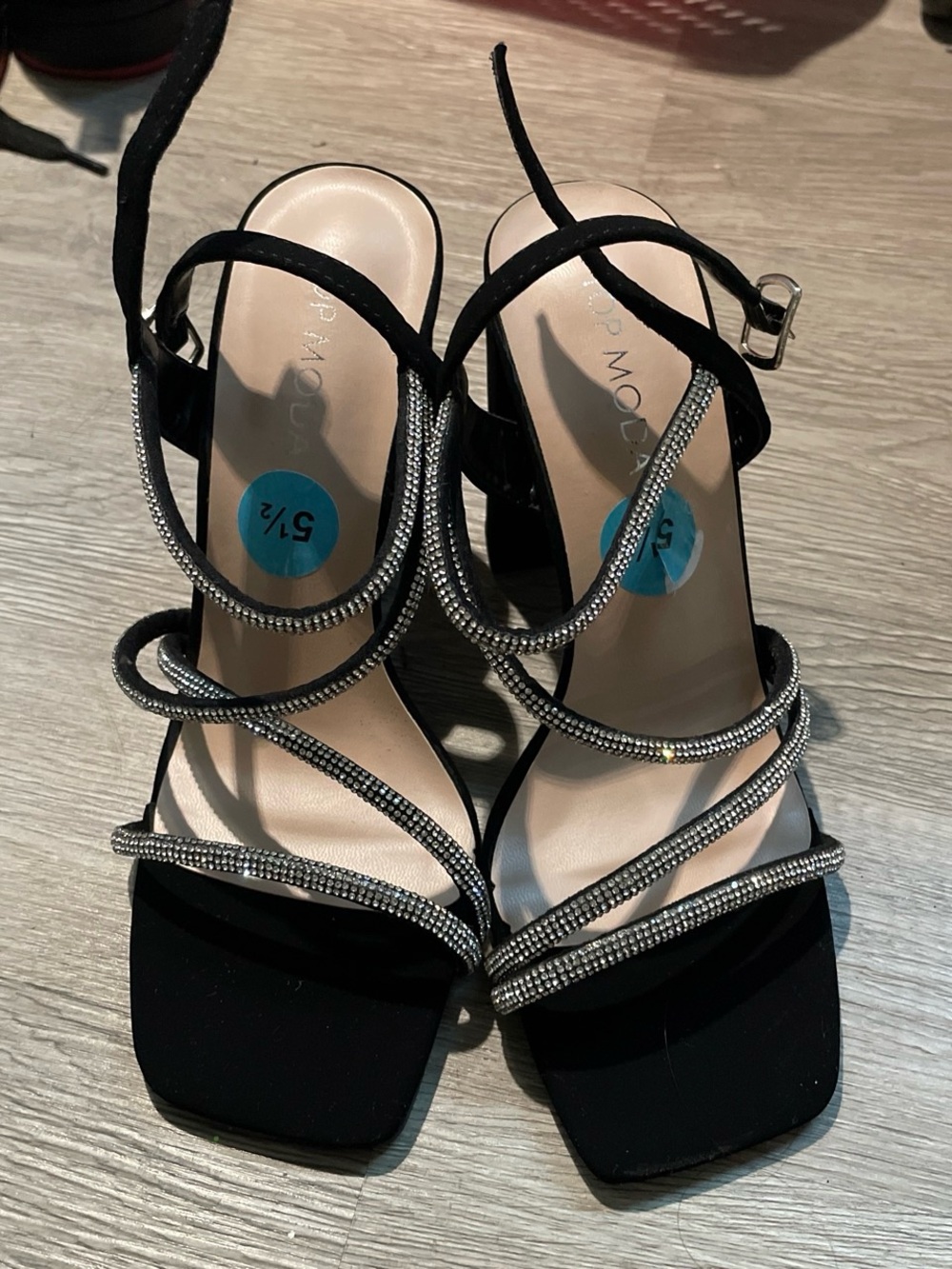 TOP Moda Black Strappy Rhinestone Heeled Sandals
